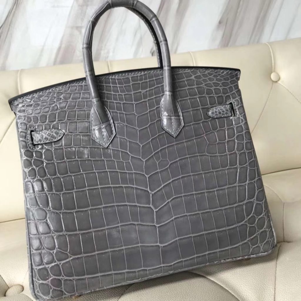 Fashion Hermes 4Z Gris Mouette Shiny Crocodile Birkin25CM Handbag Gold Hardware