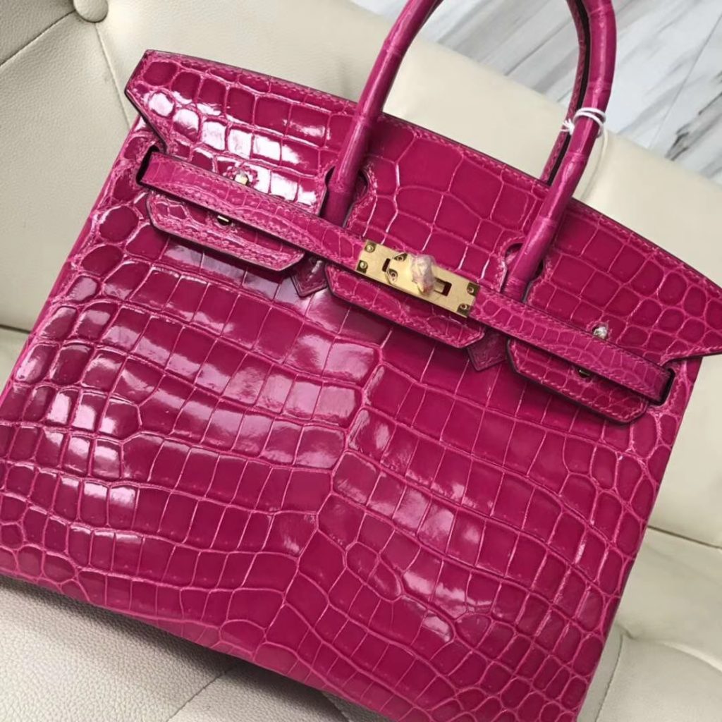 Discount Hermes Shiny Crocodile Birkin25CM Tote Bag in J5 Rose Scheherazade Gold Hardware