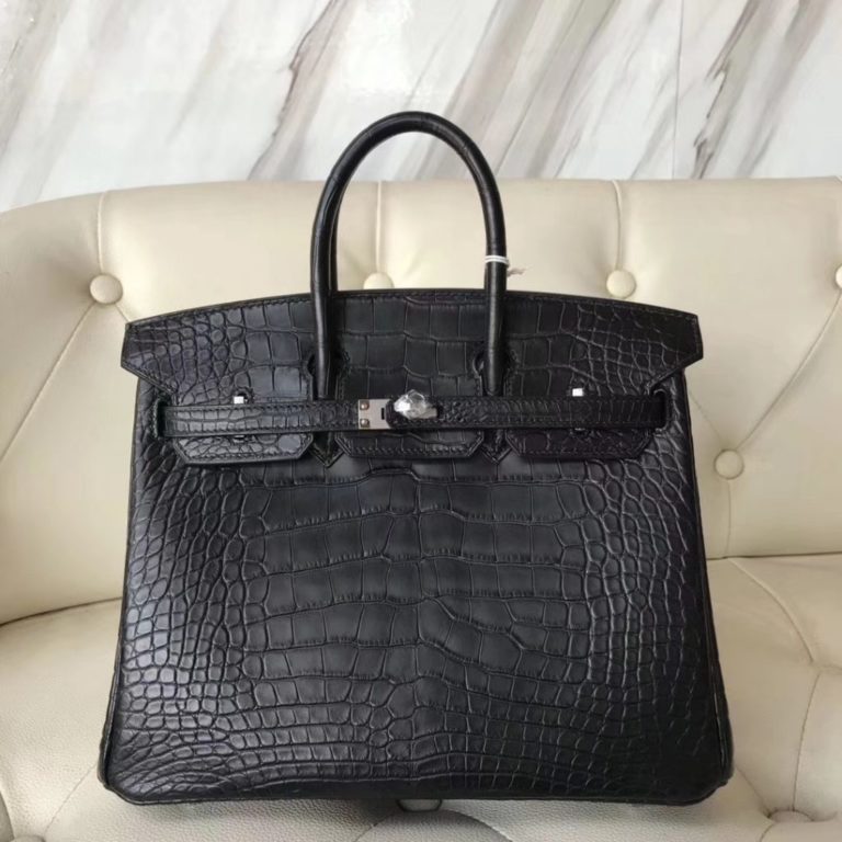 Hermes CK89 Black Matt Crocodile Birkin 25CM Tote Bag Silver Hardware