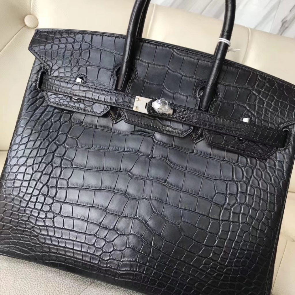 Noble Hermes CK89 Black Matt Crocodile Birkin25CM Tote Bag Silver Hardware
