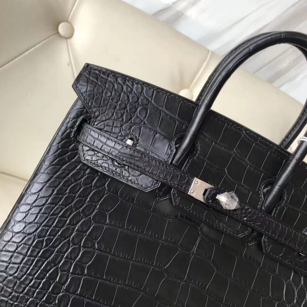 Noble Hermes CK89 Black Matt Crocodile Birkin25CM Tote Bag Silver Hardware
