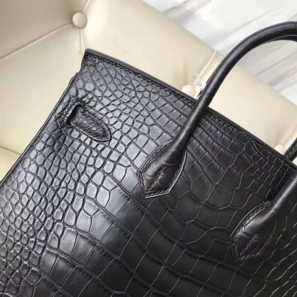 Noble Hermes CK89 Black Matt Crocodile Birkin25CM Tote Bag Silver Hardware