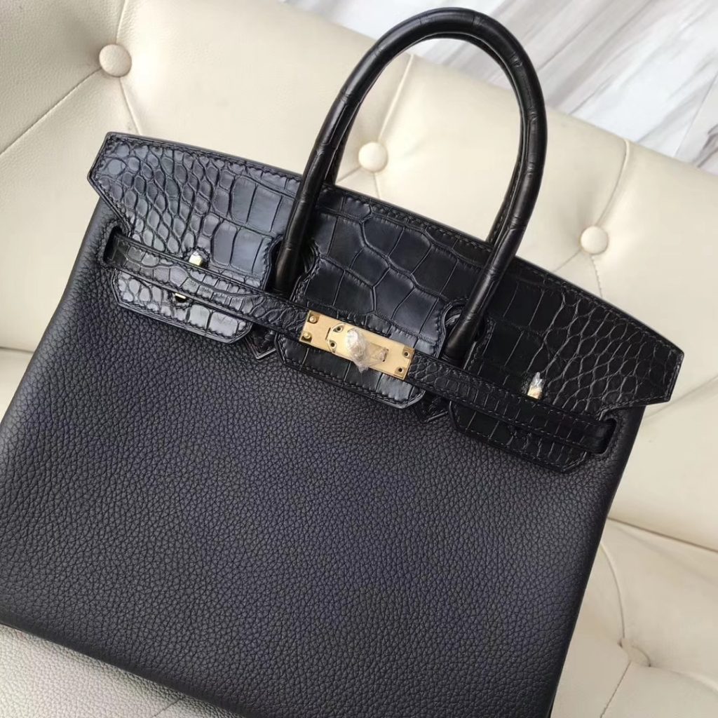 Elegant Hermes Black Crocodile Leather/Togo Leather Birkin Bag25CM Gold   Hardware