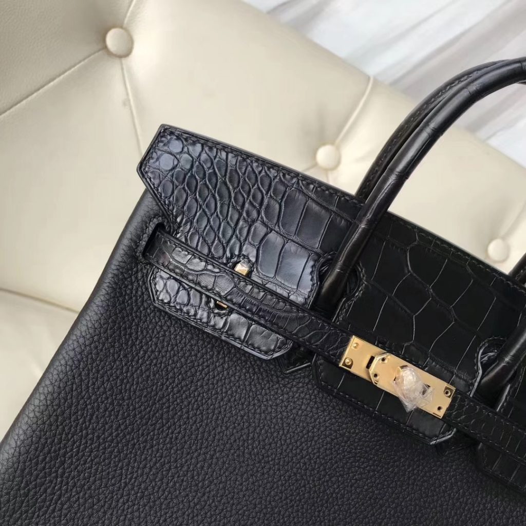 Elegant Hermes Black Crocodile Leather/Togo Leather Birkin Bag25CM Gold   Hardware