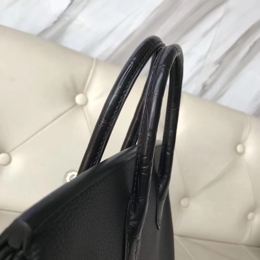 Elegant Hermes Black Crocodile Leather/Togo Leather Birkin Bag25CM Gold   Hardware
