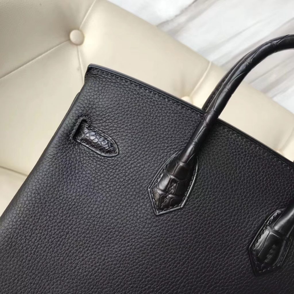 Elegant Hermes Black Crocodile Leather/Togo Leather Birkin Bag25CM Gold   Hardware
