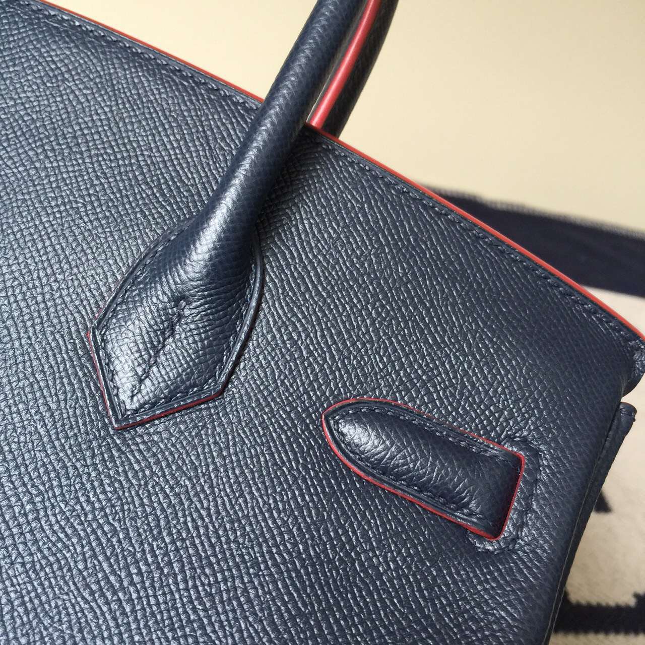 Wholesale Hermes 7K Blue Saphir Epsom Leather Birkin30cm with Red Rim