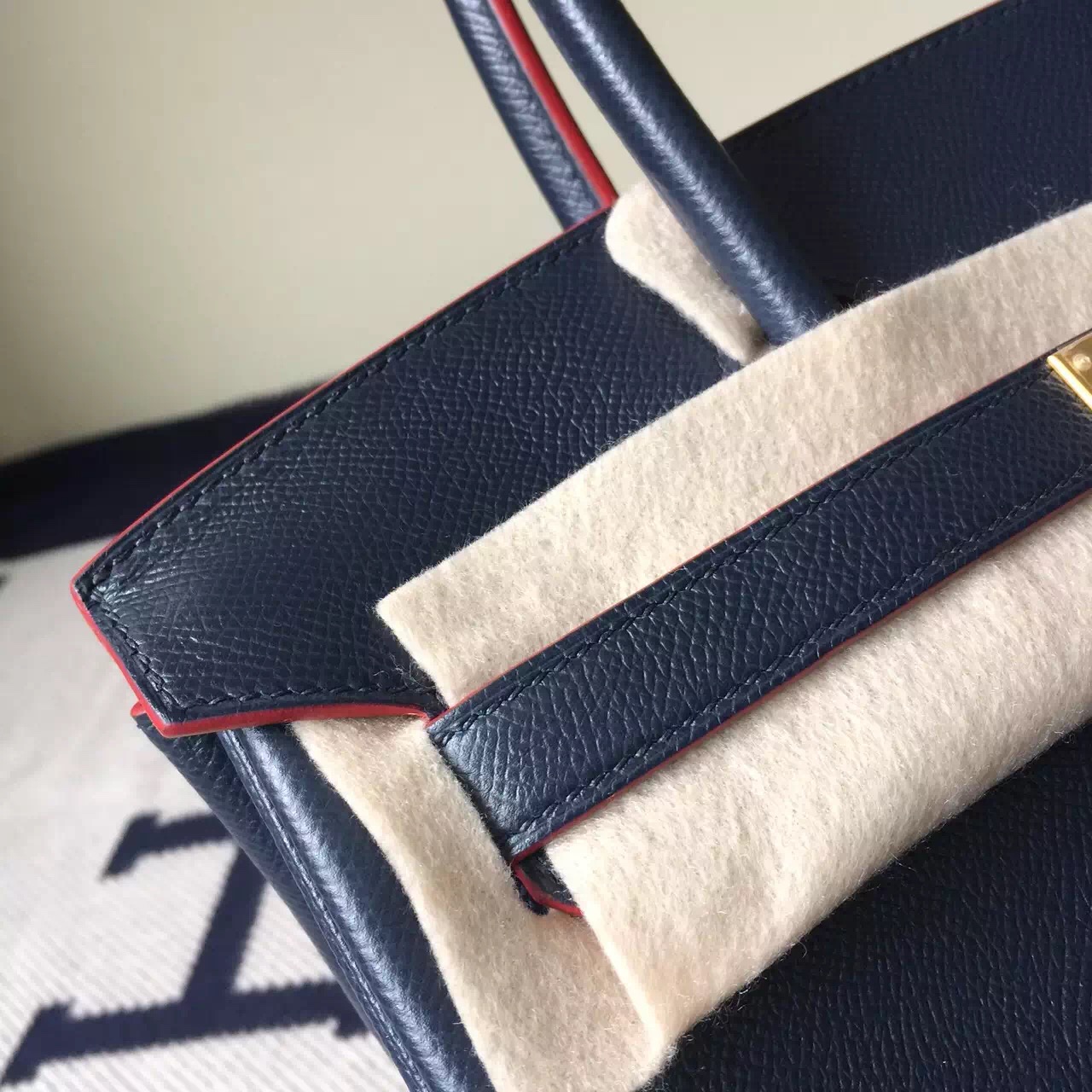 Wholesale Hermes 7K Blue Saphir Epsom Leather Birkin30cm with Red Rim