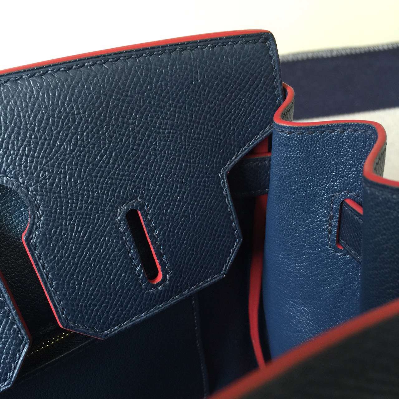 Wholesale Hermes 7K Blue Saphir Epsom Leather Birkin30cm with Red Rim