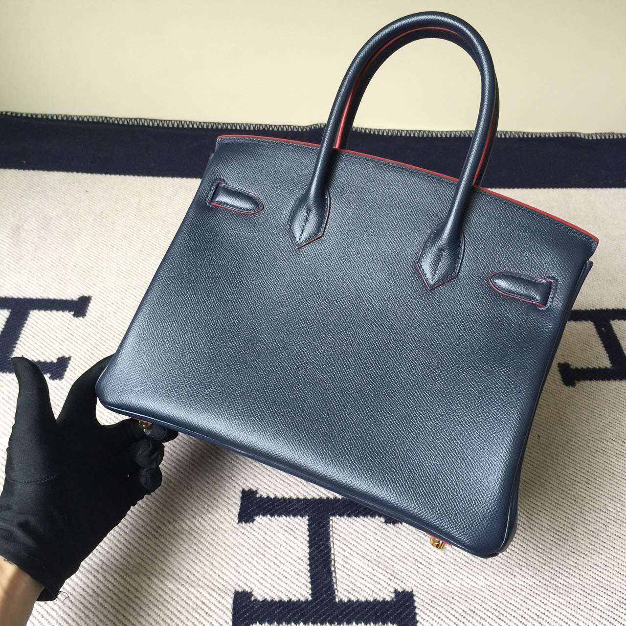 Wholesale Hermes 7K Blue Saphir Epsom Leather Birkin30cm with Red Rim