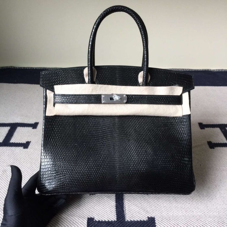 Hermes CK89 Black Lizard Shiny Leather Birkin 30cm Womens Bag