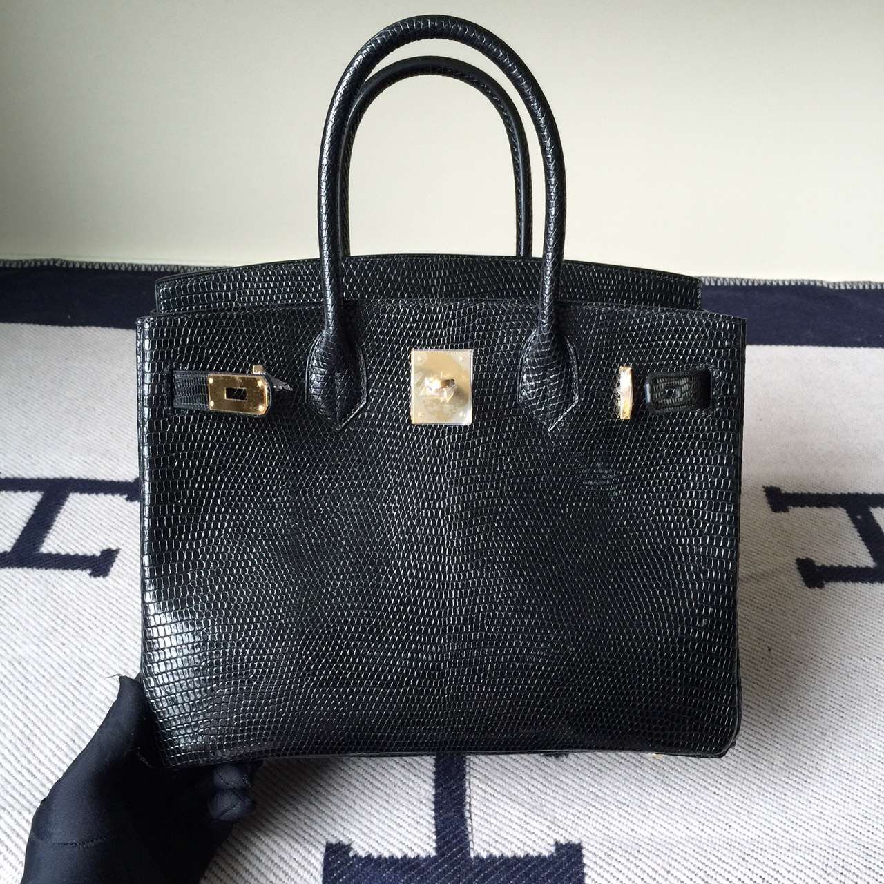 Wholesale Hermes CK89 Black Lizard Shiny Leather Birkin30cm Women’s Bag