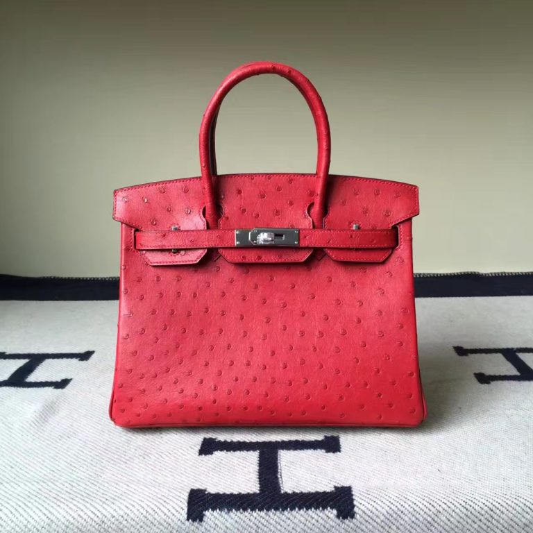 Hermes Ostrich Leather Birkin 30cm Bag in Q5 Rouge Casaque