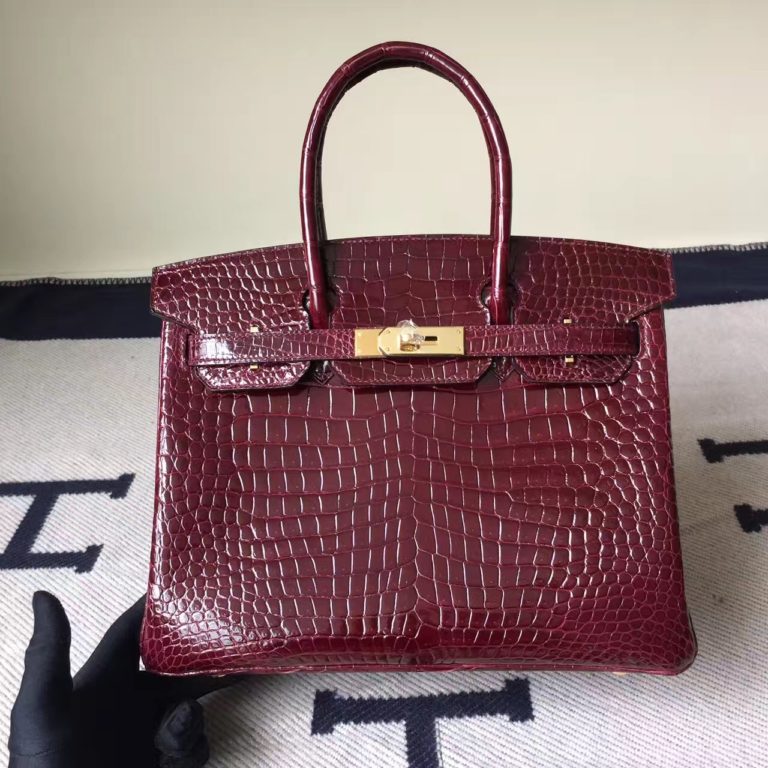 Hand Stitching Hermes Birkin Bag 30cm in Bordeaux Porosus Shiny Crocodile Leather