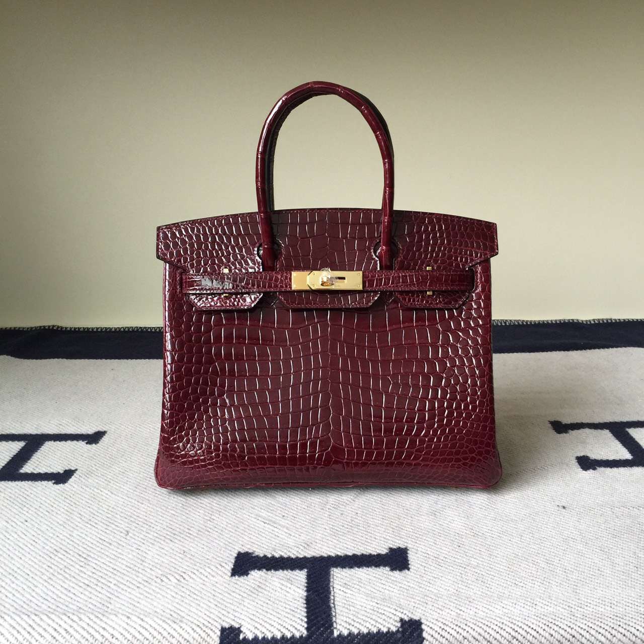 Hand Stitching Hermes Birkin Bag30cm in Bordeaux Porosus Shiny Crocodile Leather