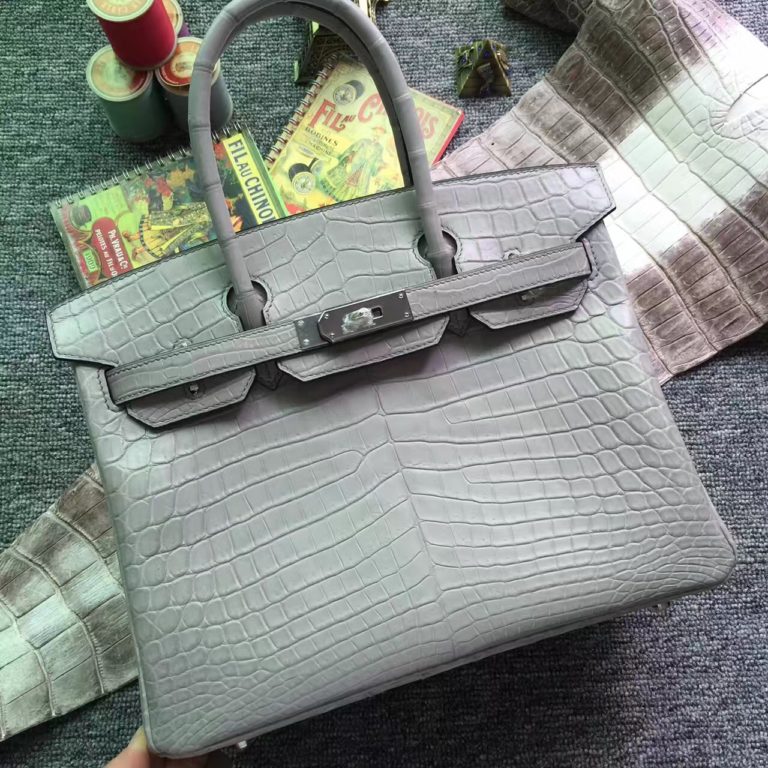 On Hermes Crocodile Matt Leather Birkin Bag  30cm in Galaxy Grey