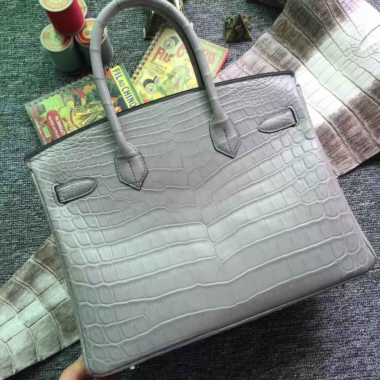 On Sale Hermes Crocodile Matt Leather Birkin Bag 30cm in Galaxy Grey