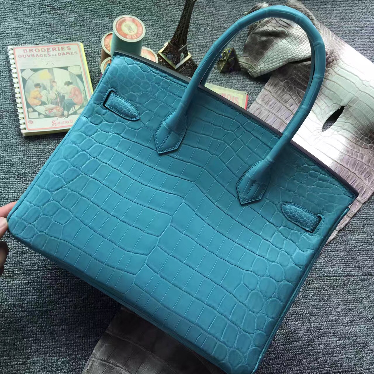Hand Stitching Hermes Birkin Bag30cm in 3Z Saint-Cyr Blue Crocodile Matt Leather