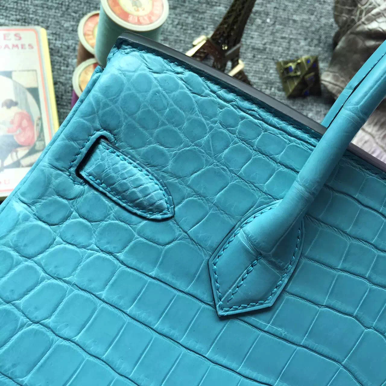 Hand Stitching Hermes Birkin Bag30cm in 3Z Saint-Cyr Blue Crocodile Matt Leather