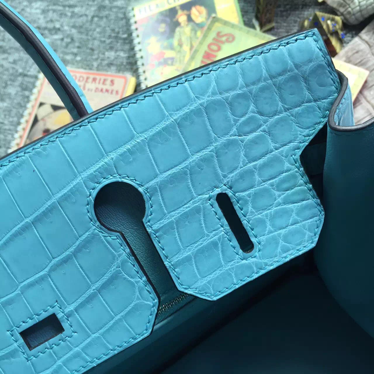 Hand Stitching Hermes Birkin Bag30cm in 3Z Saint-Cyr Blue Crocodile Matt Leather