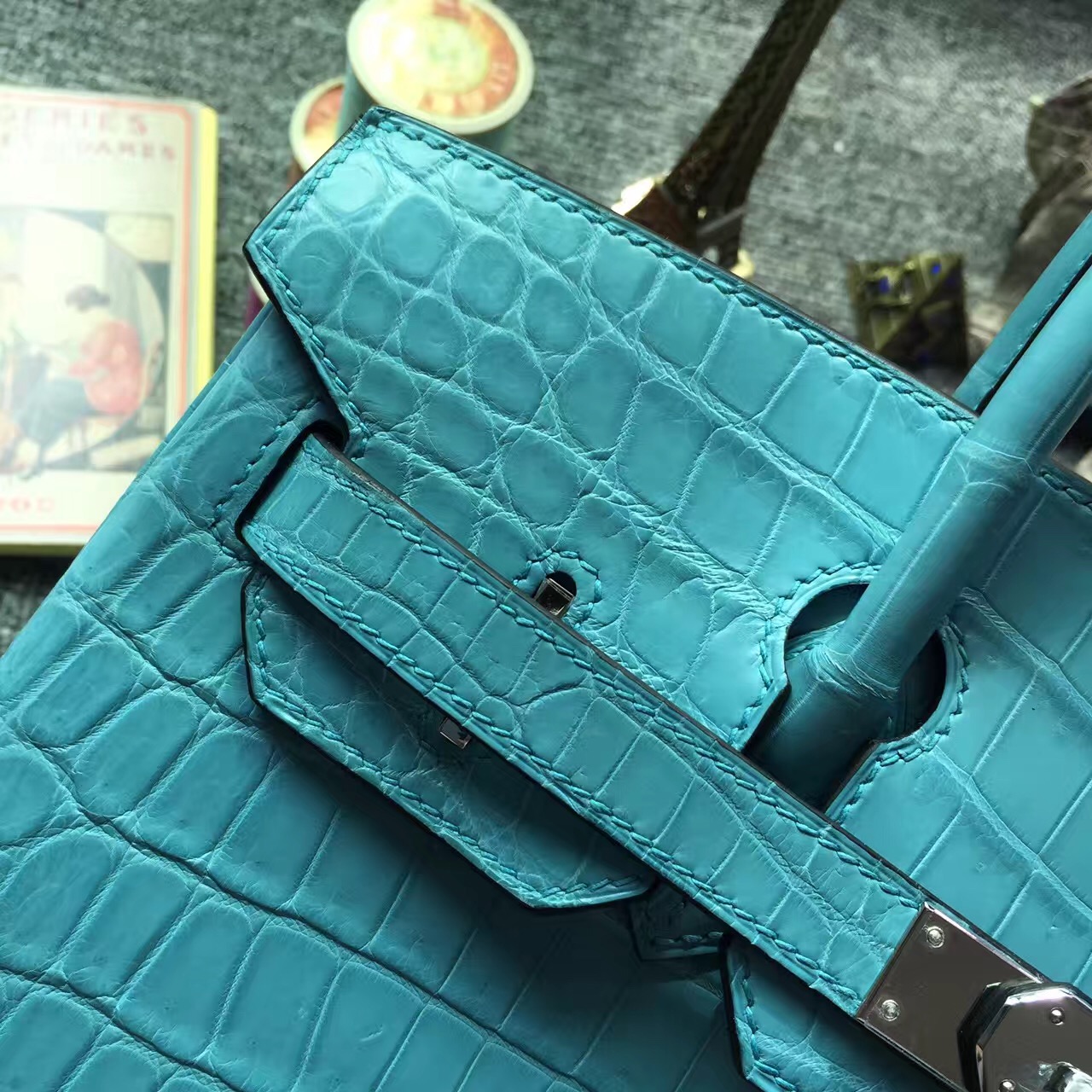 Hand Stitching Hermes Birkin Bag30cm in 3Z Saint-Cyr Blue Crocodile Matt Leather