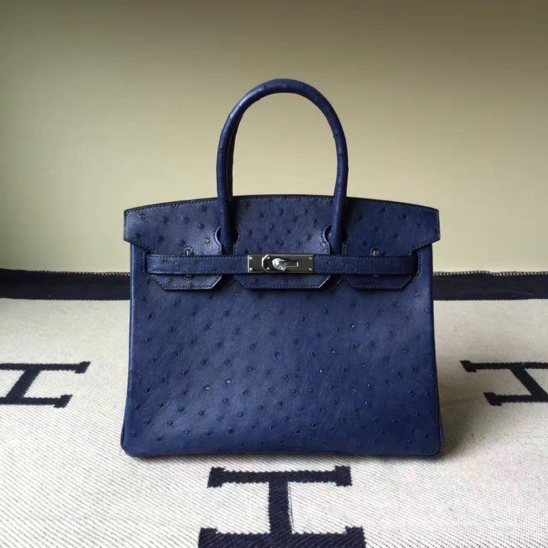 Womens Handbag Hermes 73 Blue Saphir KK Ostrich Leather Birkin 30cm