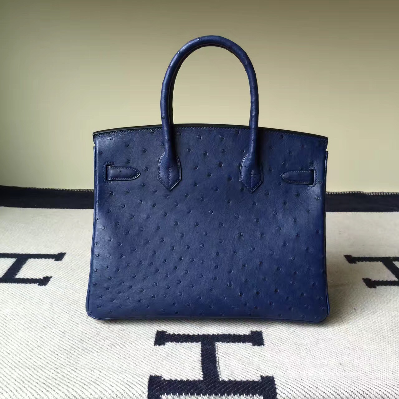Elegant Women&#8217;s Handbag Hermes 73 Blue Saphir KK Ostrich Leather Birkin30cm