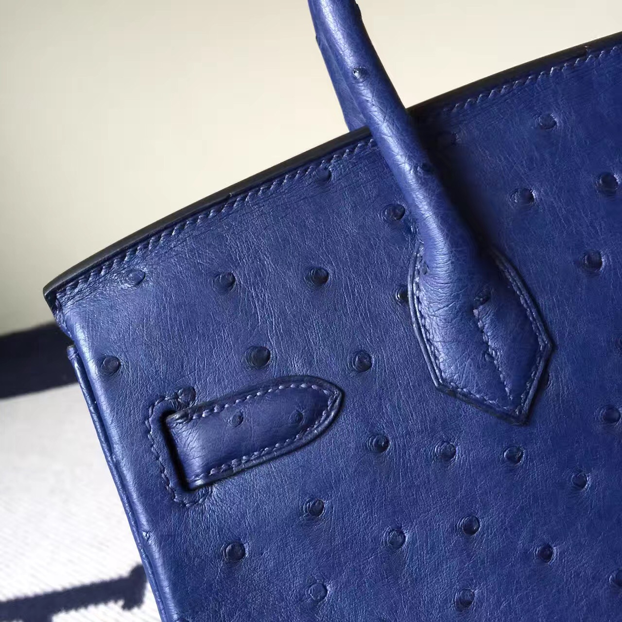 Elegant Women&#8217;s Handbag Hermes 73 Blue Saphir KK Ostrich Leather Birkin30cm