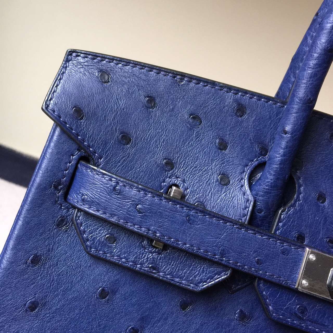 Elegant Women’s Handbag Hermes 73 Blue Saphir KK Ostrich Leather Birkin30cm