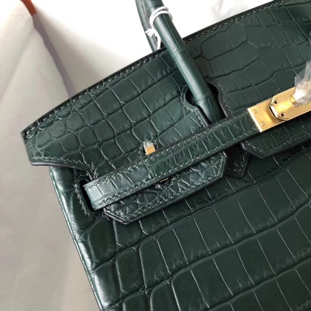 Elegant Hermes 1L Cacti Green Crocodile Matt Birkin25CM Tote Bag Gold Hardware