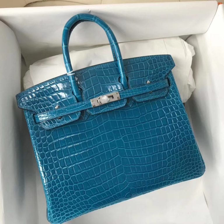 Hermes Shiny Porosus Crocodile Birkin Bag  25CM in7W Blue Izmir Silver Hardware