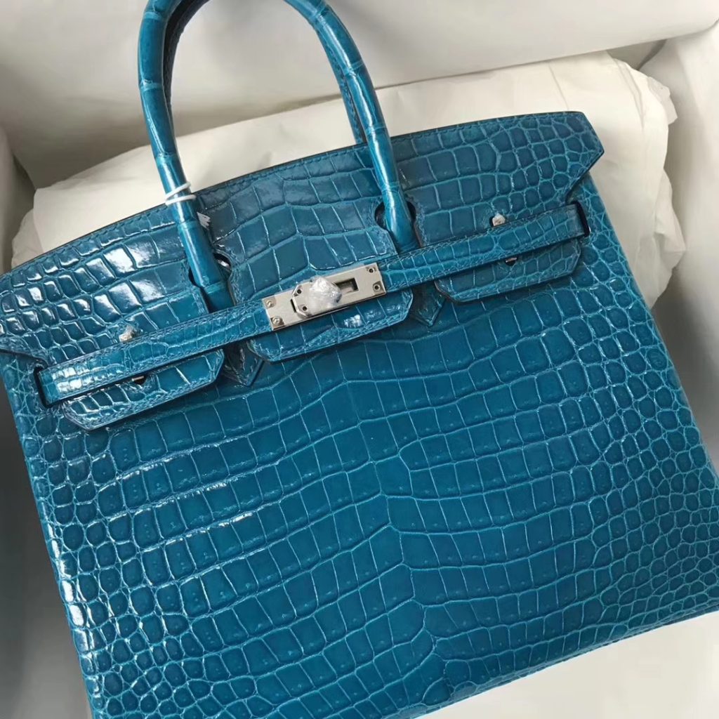 Noble Hermes Shiny Porosus Crocodile Birkin Bag 25CM in7W Blue Izmir Silver Hardware