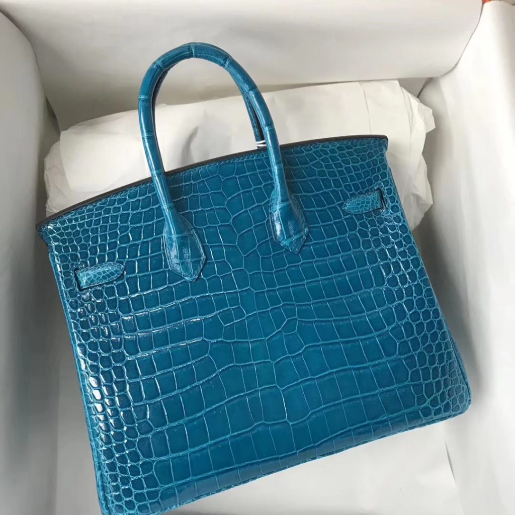 Noble Hermes Shiny Porosus Crocodile Birkin Bag 25CM in7W Blue Izmir Silver Hardware