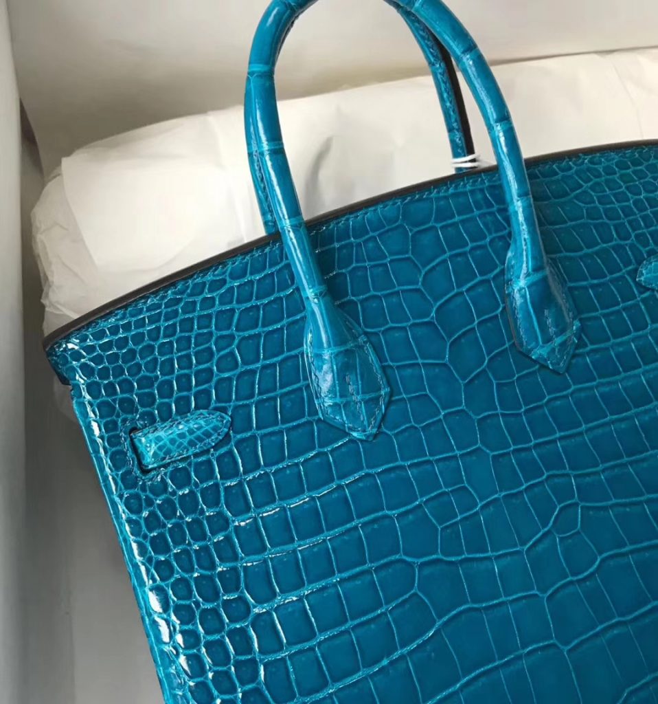 Noble Hermes Shiny Porosus Crocodile Birkin Bag 25CM in7W Blue Izmir Silver Hardware