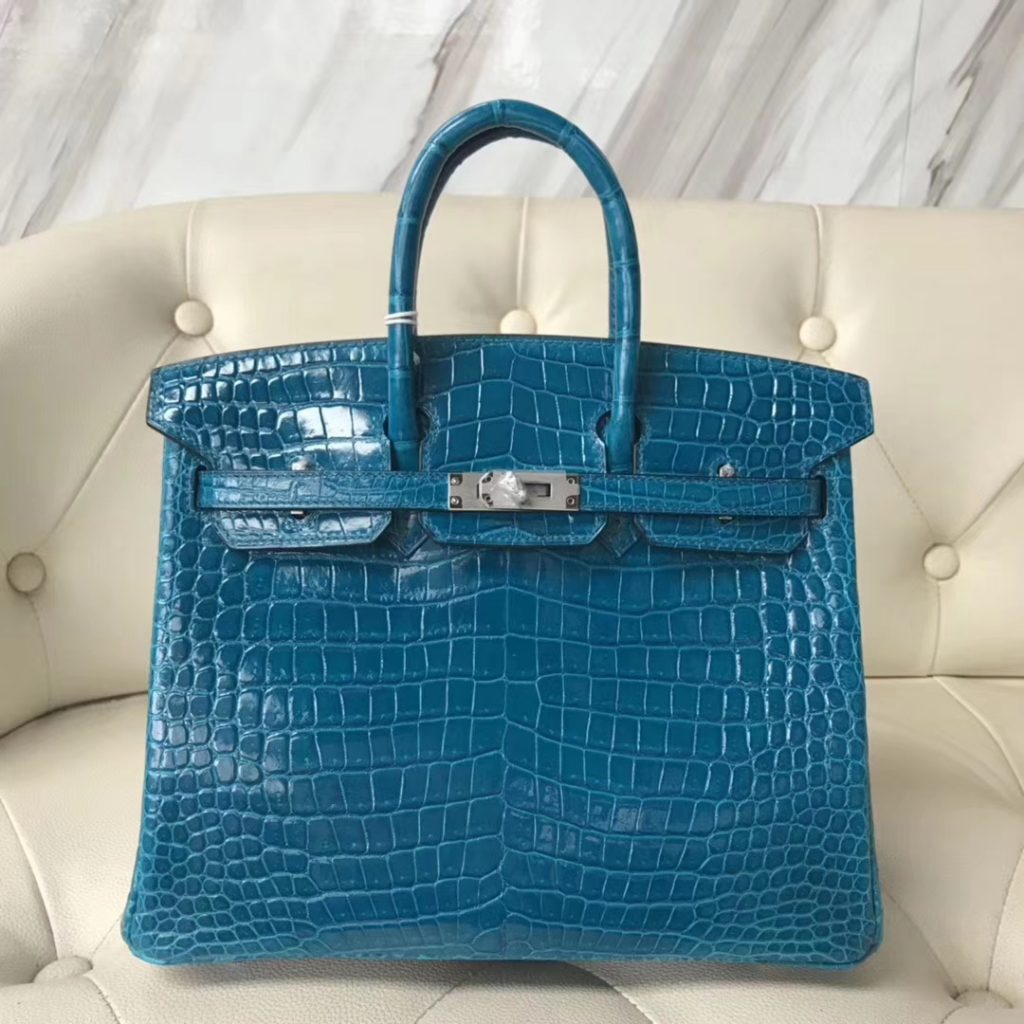 Noble Hermes Shiny Porosus Crocodile Birkin Bag 25CM in7W Blue Izmir Silver Hardware