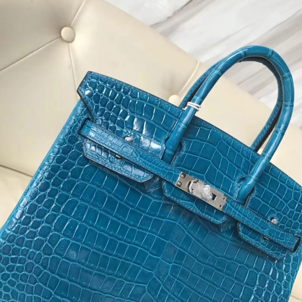 Noble Hermes Shiny Porosus Crocodile Birkin Bag 25CM in7W Blue Izmir Silver Hardware