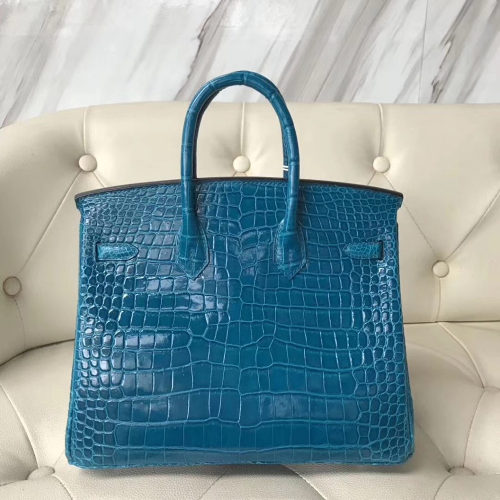 Noble Hermes Shiny Porosus Crocodile Birkin Bag 25CM in7W Blue Izmir Silver Hardware