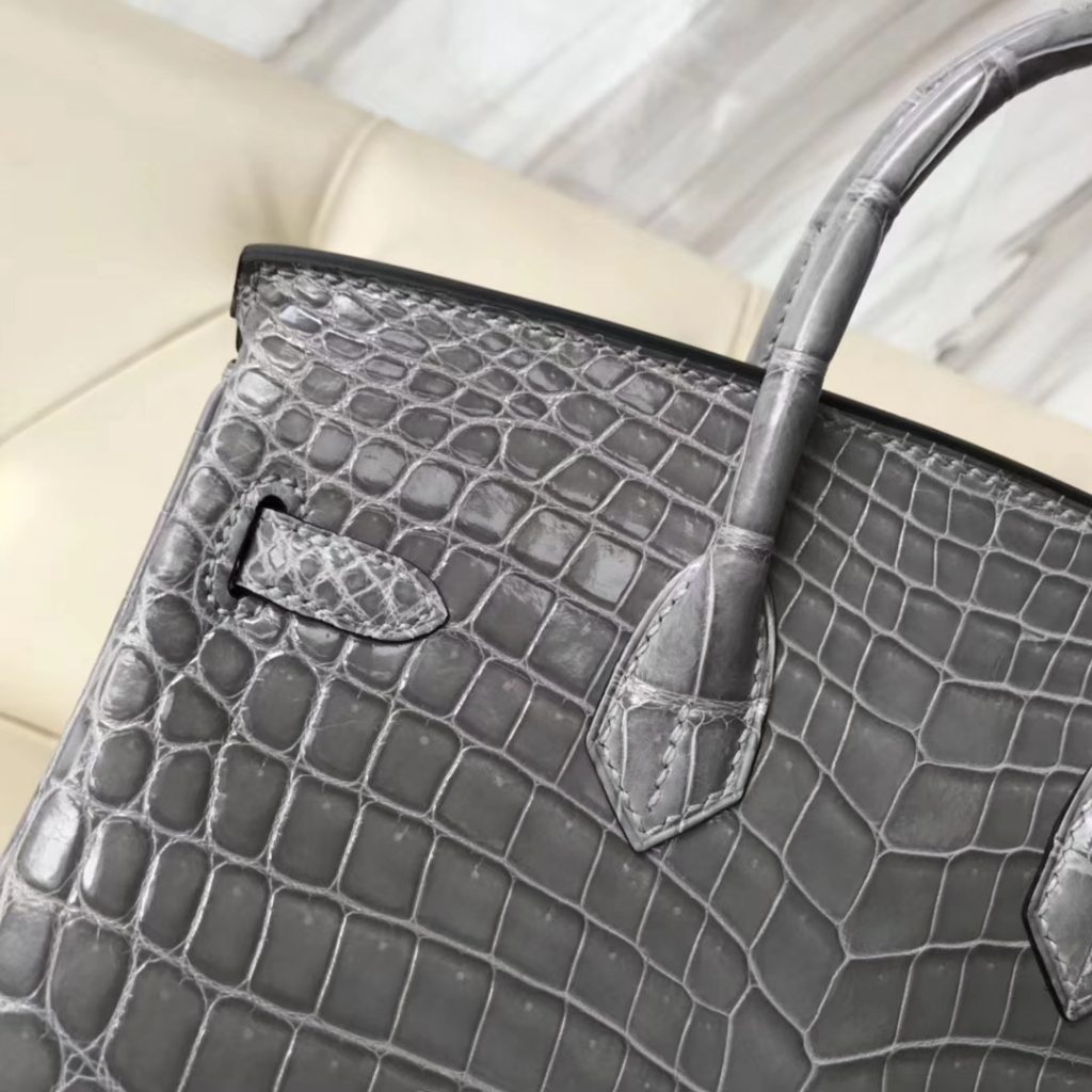 Sale Hermes 8U Blue Glacier Shiny Crocodile Birkin25CM Handbag Gold Hardware
