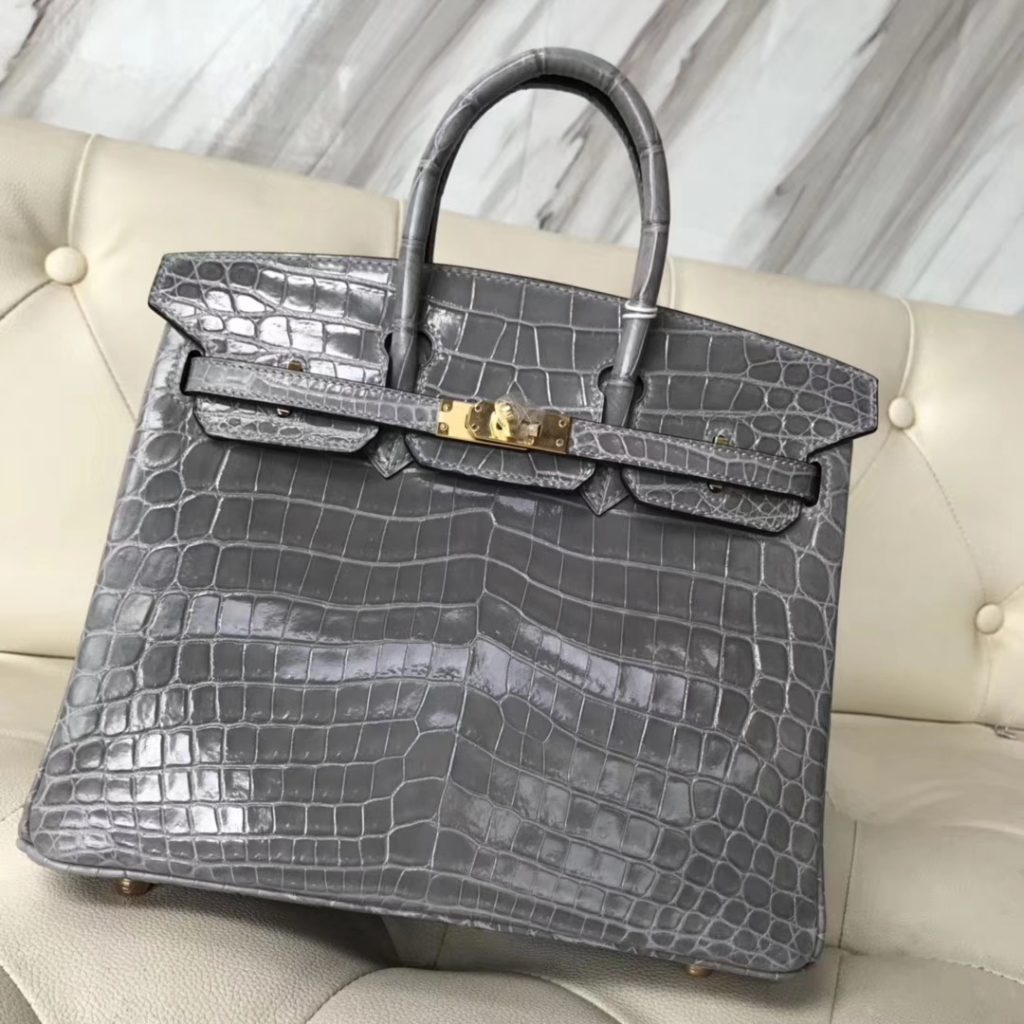 Sale Hermes 8U Blue Glacier Shiny Crocodile Birkin25CM Handbag Gold Hardware