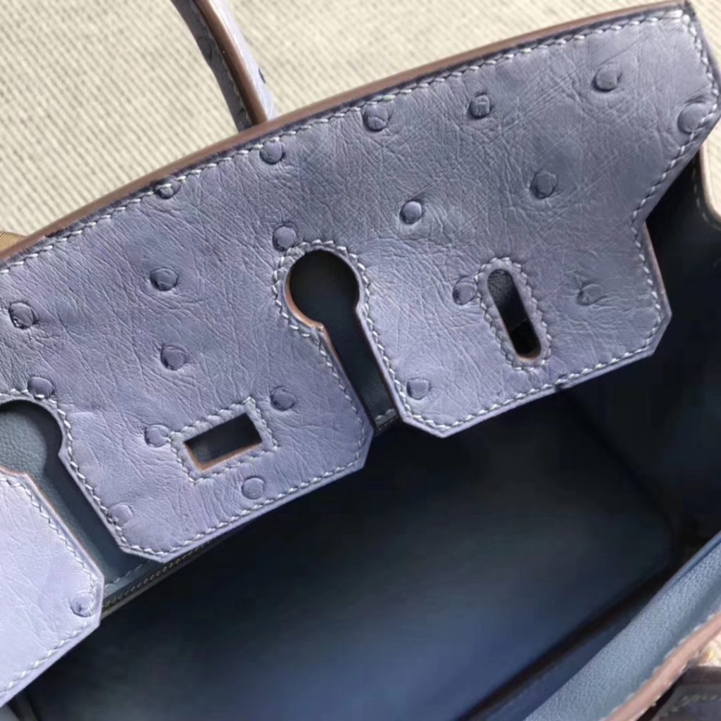 Discount Hermes Ostrich Leather Birkin Bag25CM in Grey Blue Gold Hardware