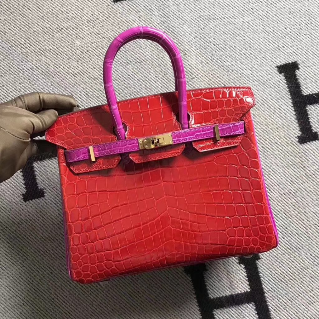 Noble Hermes Braise & J5 Shiny Crocodile Birkin Bag25CM Gold Hardware