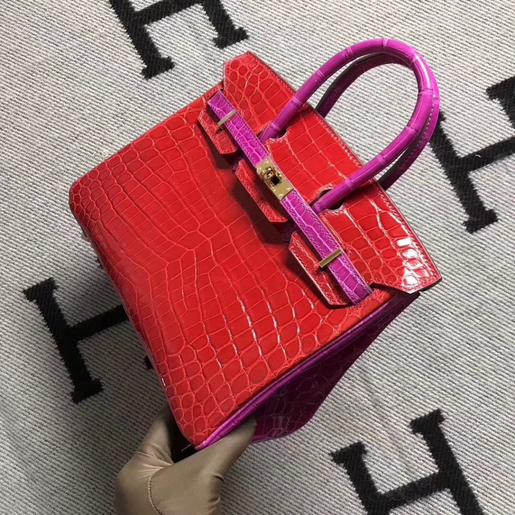 Noble Hermes Braise & J5 Shiny Crocodile Birkin Bag25CM Gold Hardware