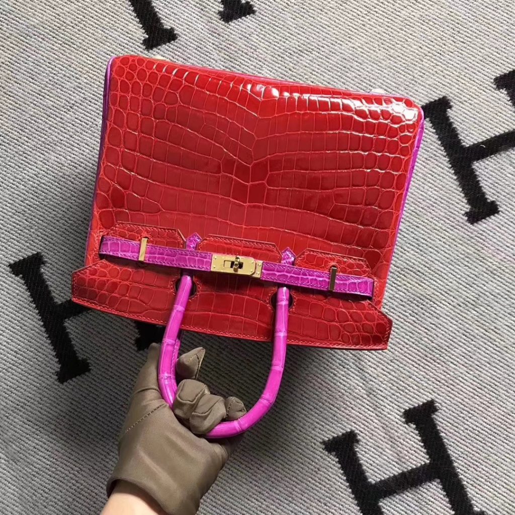 Noble Hermes Braise & J5 Shiny Crocodile Birkin Bag25CM Gold Hardware