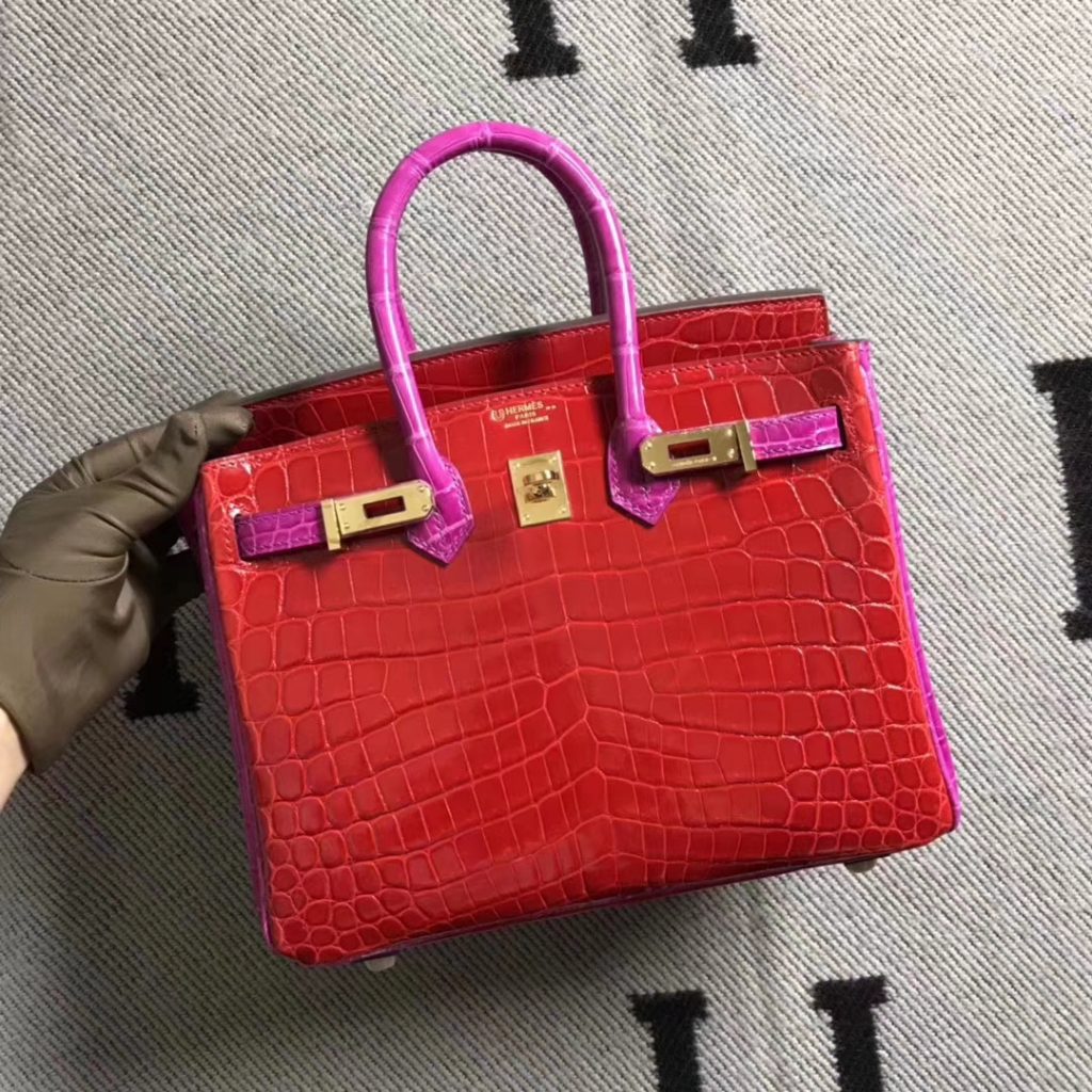 Noble Hermes Braise & J5 Shiny Crocodile Birkin Bag25CM Gold Hardware