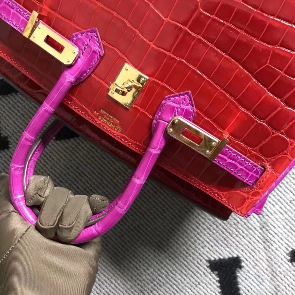 Noble Hermes Braise & J5 Shiny Crocodile Birkin Bag25CM Gold Hardware