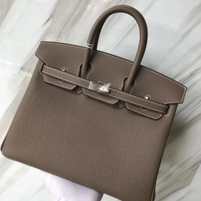 Hermes Togo Calf Leather Birkin 25CM Womens Bag in CK 18 Etoupe Grey Silver Hardware