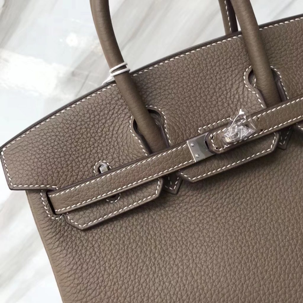 Stock Discount Hermes Togo Calf Leather Birkin25CM Women&#8217;s Bag in CK18 Etoupe Grey Silver Hardware