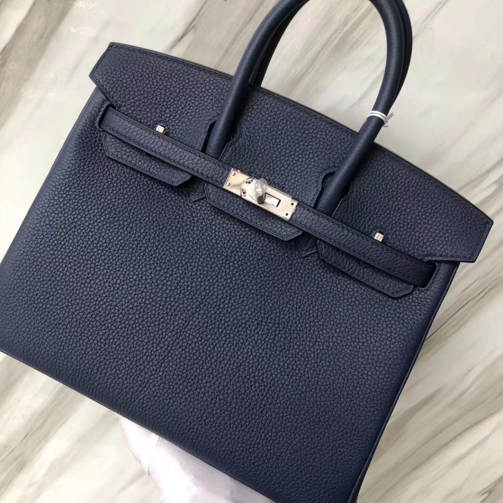 Stock Hermes Classic Bag Blue Saphir Togo Calf Birkin Bag25CM Silver Hardware