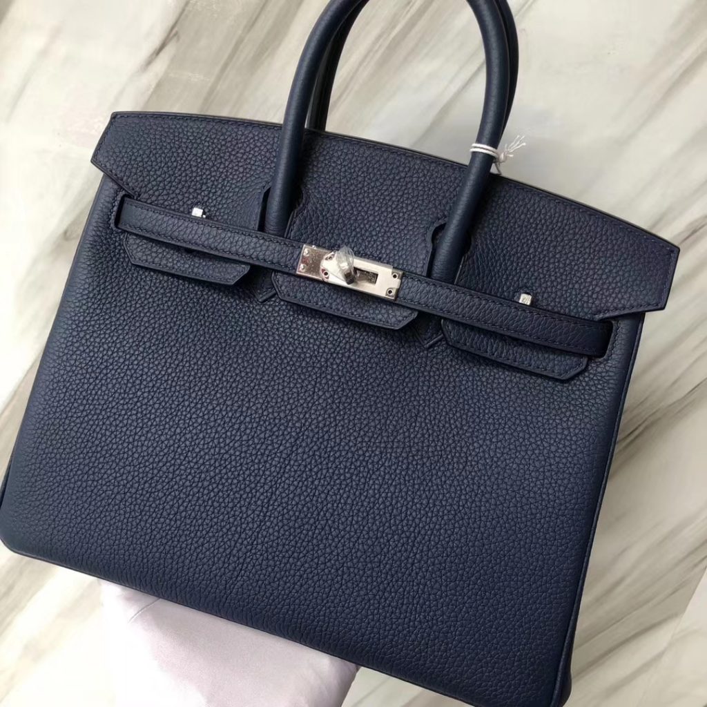 Stock Hermes Classic Bag Blue Saphir Togo Calf Birkin Bag25CM Silver Hardware