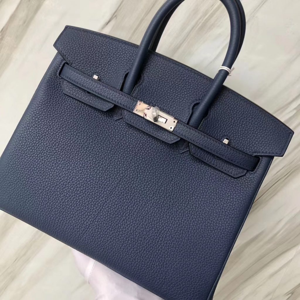 Stock Hermes Classic Bag Blue Saphir Togo Calf Birkin Bag25CM Silver Hardware